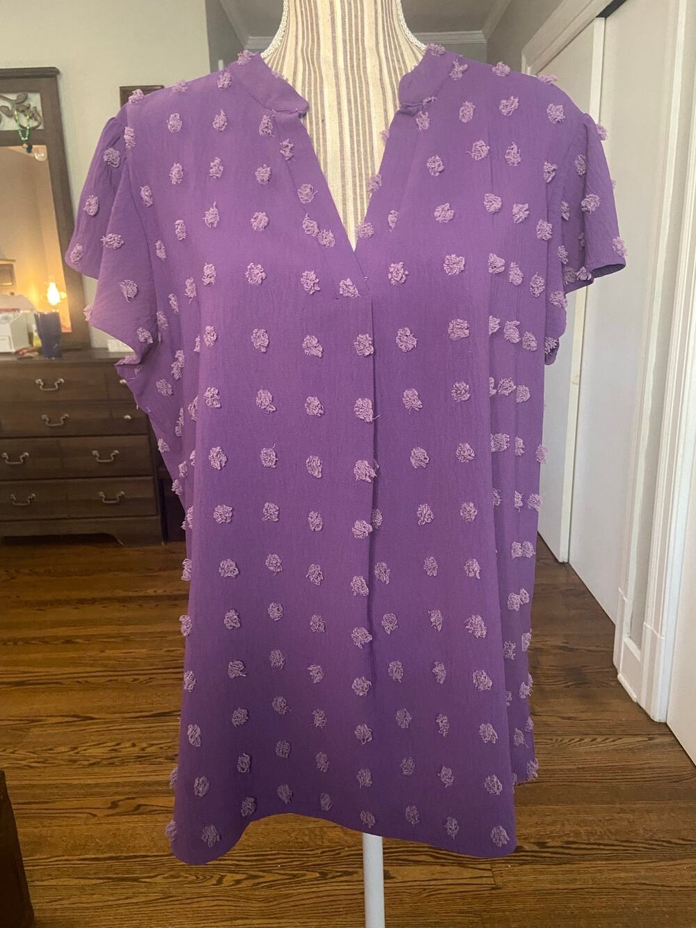 B brand purple clip dot blouse with v neckline and flutter sleeves